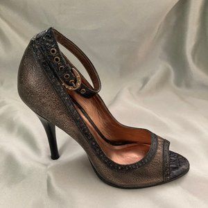 Carlos Santana Black Brass Ankle Strap Leather Peep Toe Pumps Size 6